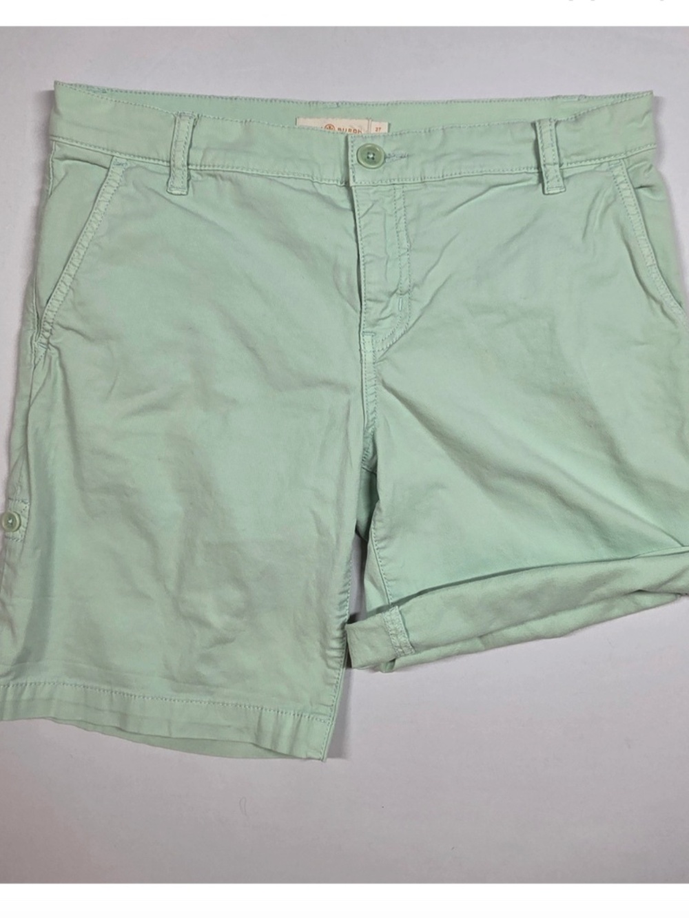 Tory Burch Women's Shorts Size 25 Mint Green Chino Roll Up Button Tab Cotton